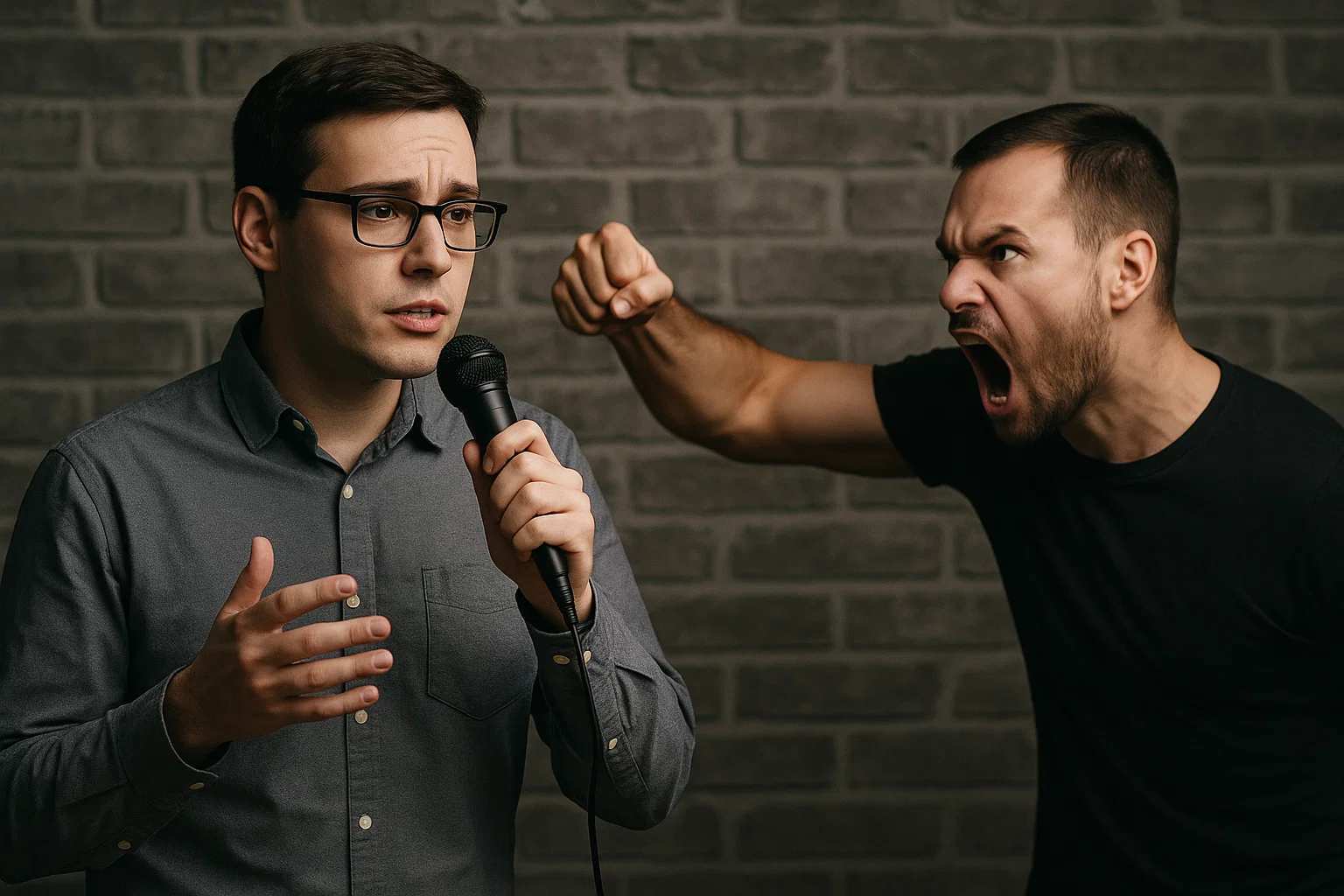 Illustration of a speaker holding a microphone as another man shouts and raises a fist.
