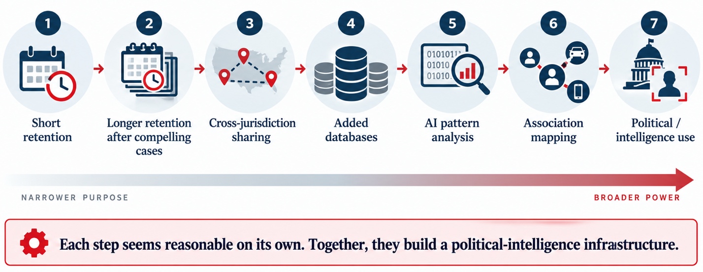 Diagram showing seven stages of expanding surveillance capability, from short retention periods to longer storage, data sharing, added databases, AI analysis, association mapping and political intelligence use.