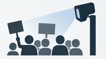 Illustration of a surveillance camera observing a group of people holding protest signs.